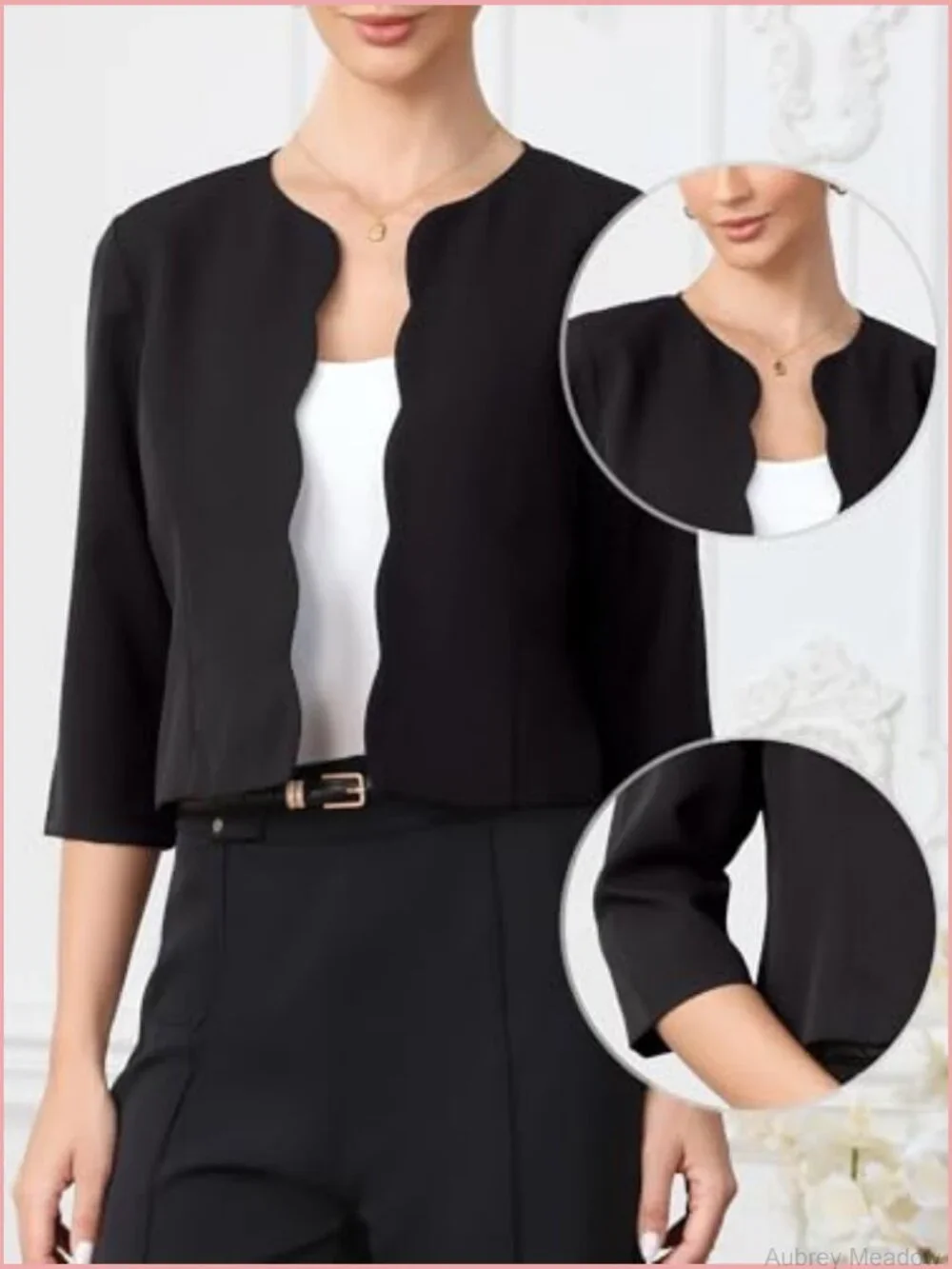 Crop Blazer Open Front 3/4 Sleeve Collarless Jacket Business Casual